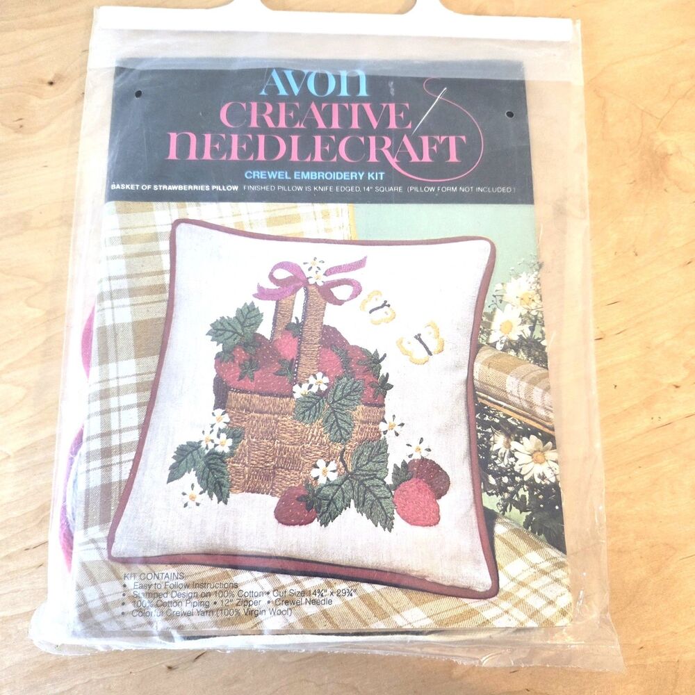 Vintage Avon Basket of Strawberries Crewel Embroidery Pillow Kit NOS